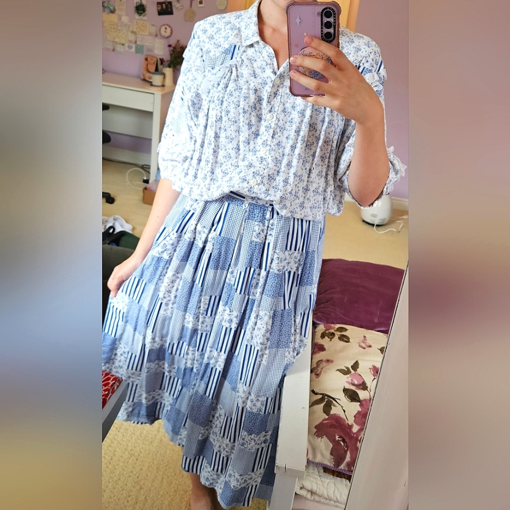 Vintage Blue & White Patchwork Set - includes blouse and skirt